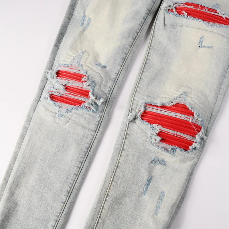 

High Street Fashion New Men's Jeans Washed Nostalgic Stretch Slim Fit Perforated Red Patched Light Blue Jeans Hip Hop Brand Pant