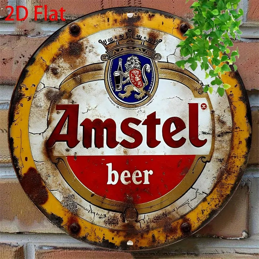 2D plat - 1 vintage Amstel bier vintage metalen wanddecoratie |   2D plat aluminium blikken bord met rustiek slijteffect, 20,32 cm x 20,32 c