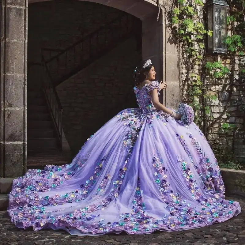 Elegant Lilac Princess Ball Gown Quinceanrea Dress 2024 3D Flower Purple Sweetheart XV Sweet 16 Dress Vestido De 15 Quinceañeras