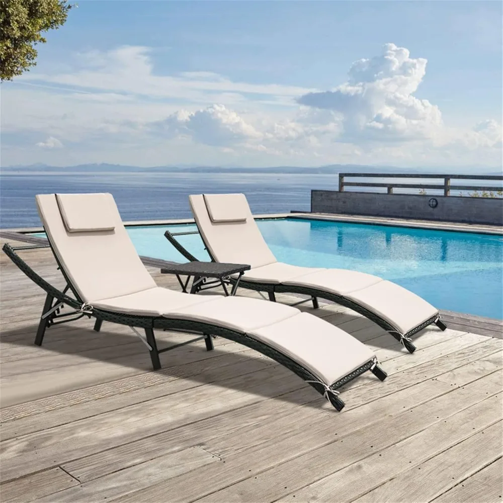 

Lounge Chairs for Outside 3 Pieces Patio Adjustable Chaise Lounge Outdoor Wicker Lounge Chair Set of 2 with Table Folding Chaise