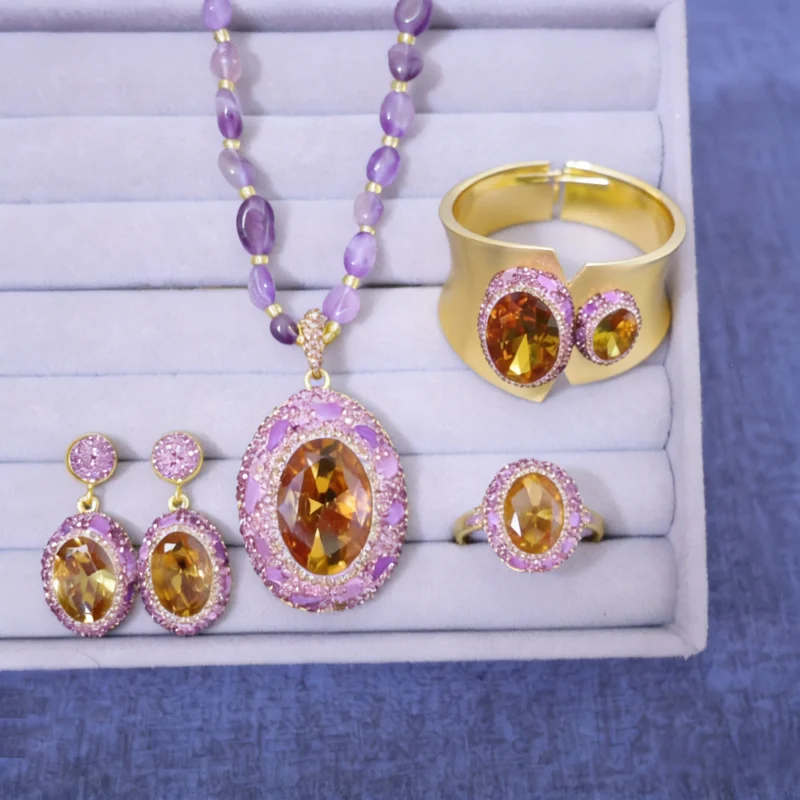 Natural Amethyst Sudan Crystal Quartz Jewelry Set for Women Color-Changed Sultanite Stone Quartz Lady Wedding Sets Bracelet