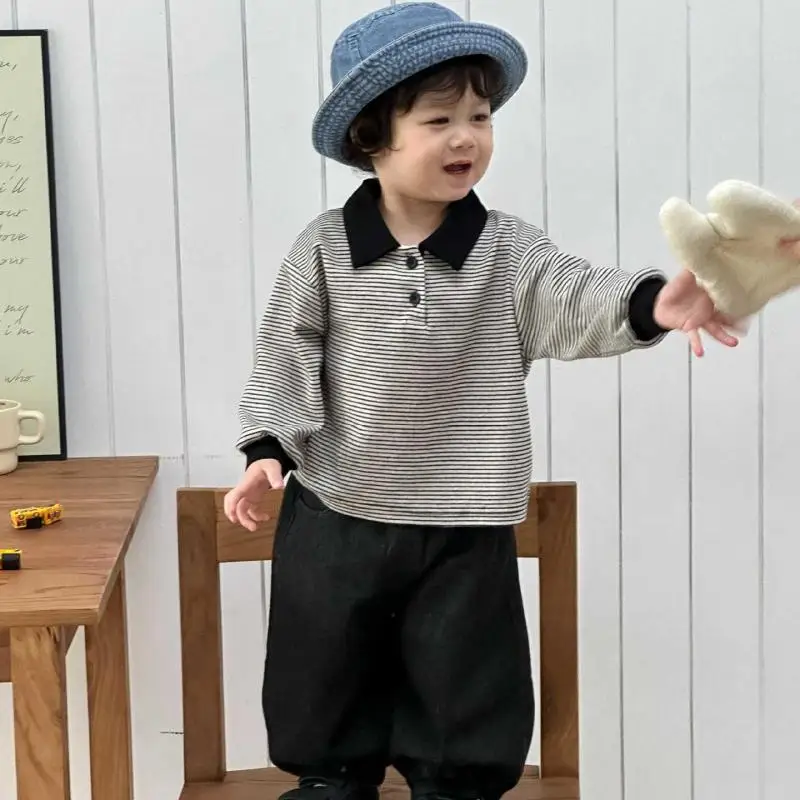 

Новинка осени 20%, детский повседневный полосатый свитшот для мальчиков и девочек, рубашки поло с длинными рукавами, детский хлопковый пуловер, детские топы с лацканами