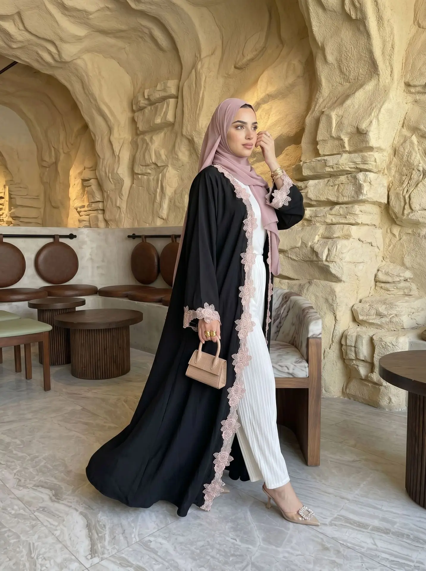 Women Flower Lace Open Abaya Dubai Turkey Kaftan Muslim Dress Eid Jalabiya Islam Robe Ramadan Kimono Cardigan Kebaya Abaya 6