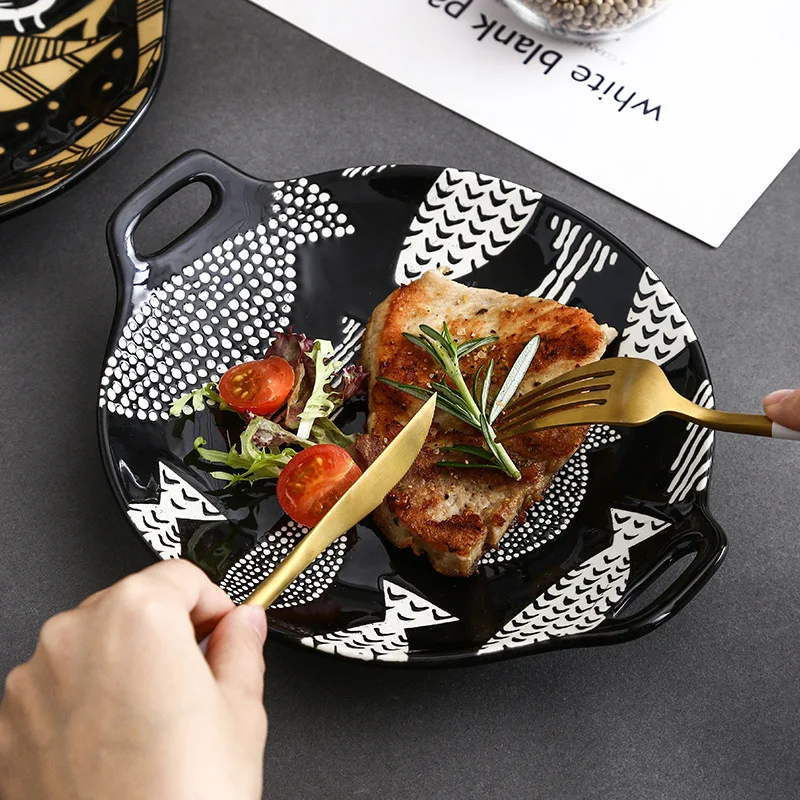 Japanese style hand-painted relief underglaze ceramic tableware restaurant creative dim sum plate binaural round vegetable plate