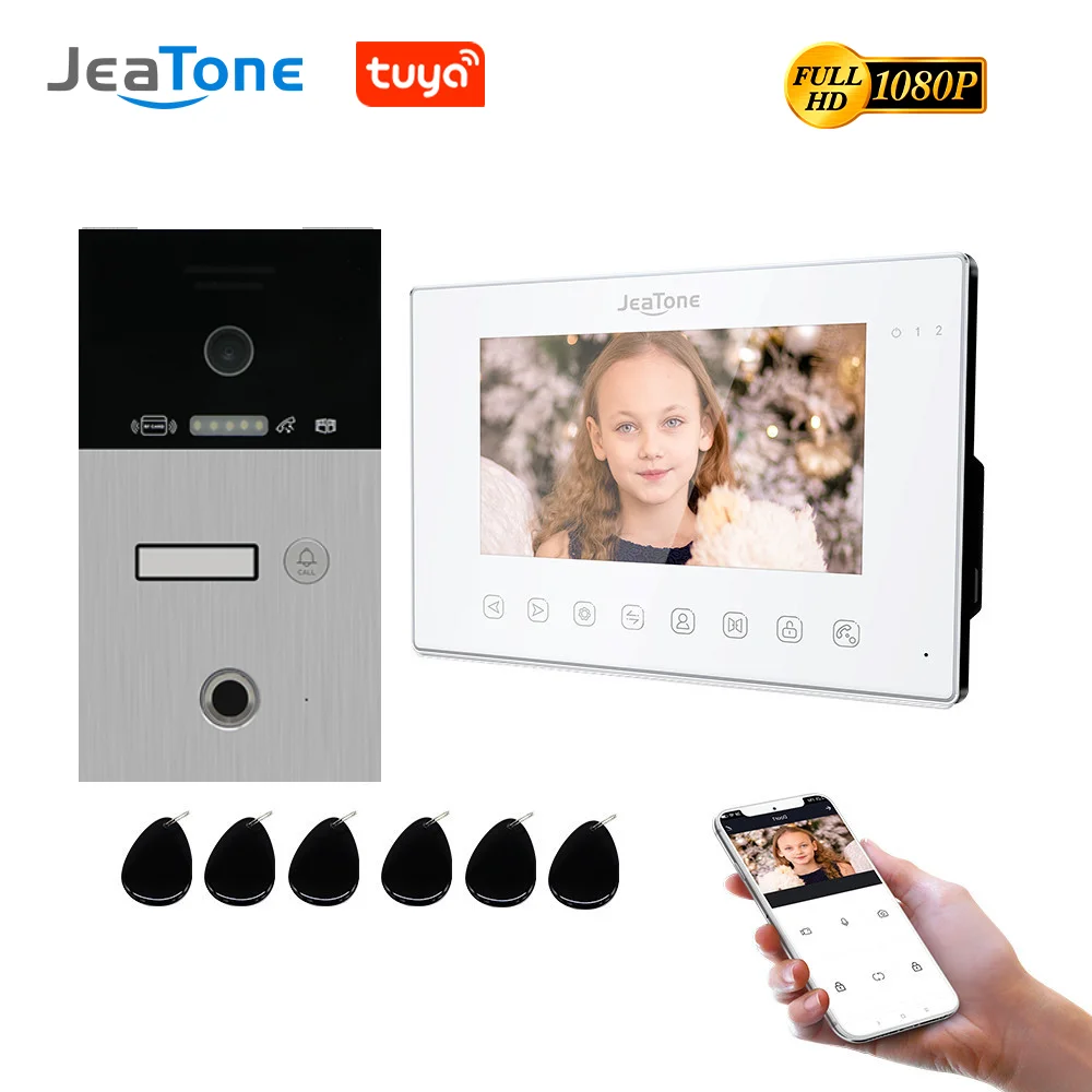 Jeatone Tuya WiFi Fingerprint Video Intercom 7Inch Touch Button Monitor Screen and 1080P Door Phone Camera with ID Cards Unlock