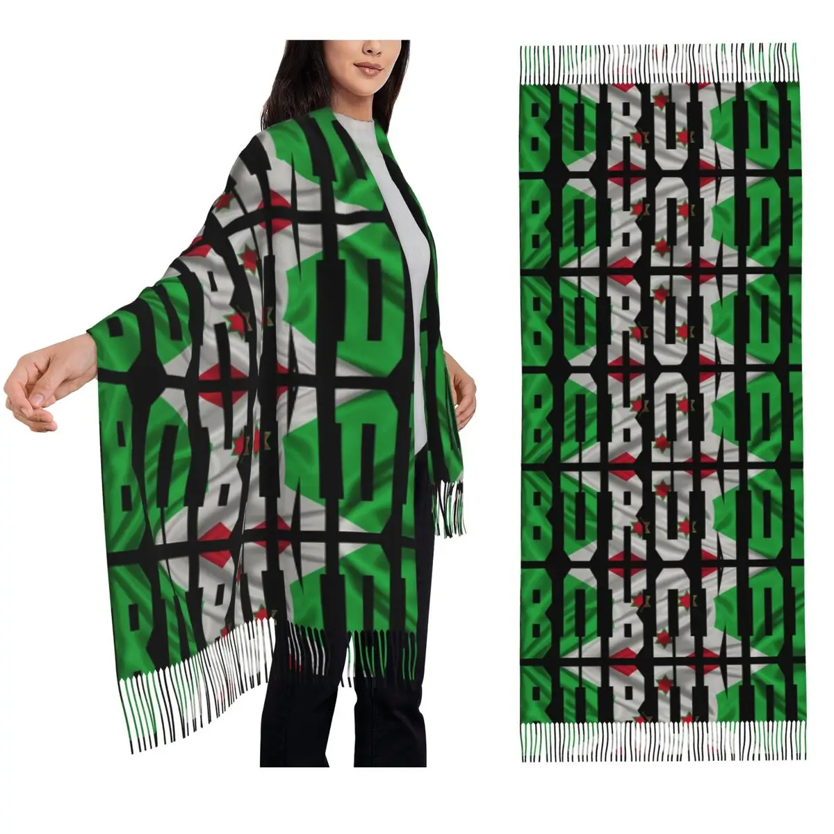 Burundi Country Flag Typography Scarf Tassel Scarves Women Soft Warm Shawls and Wraps Large Fall Winter Shawl Wrap