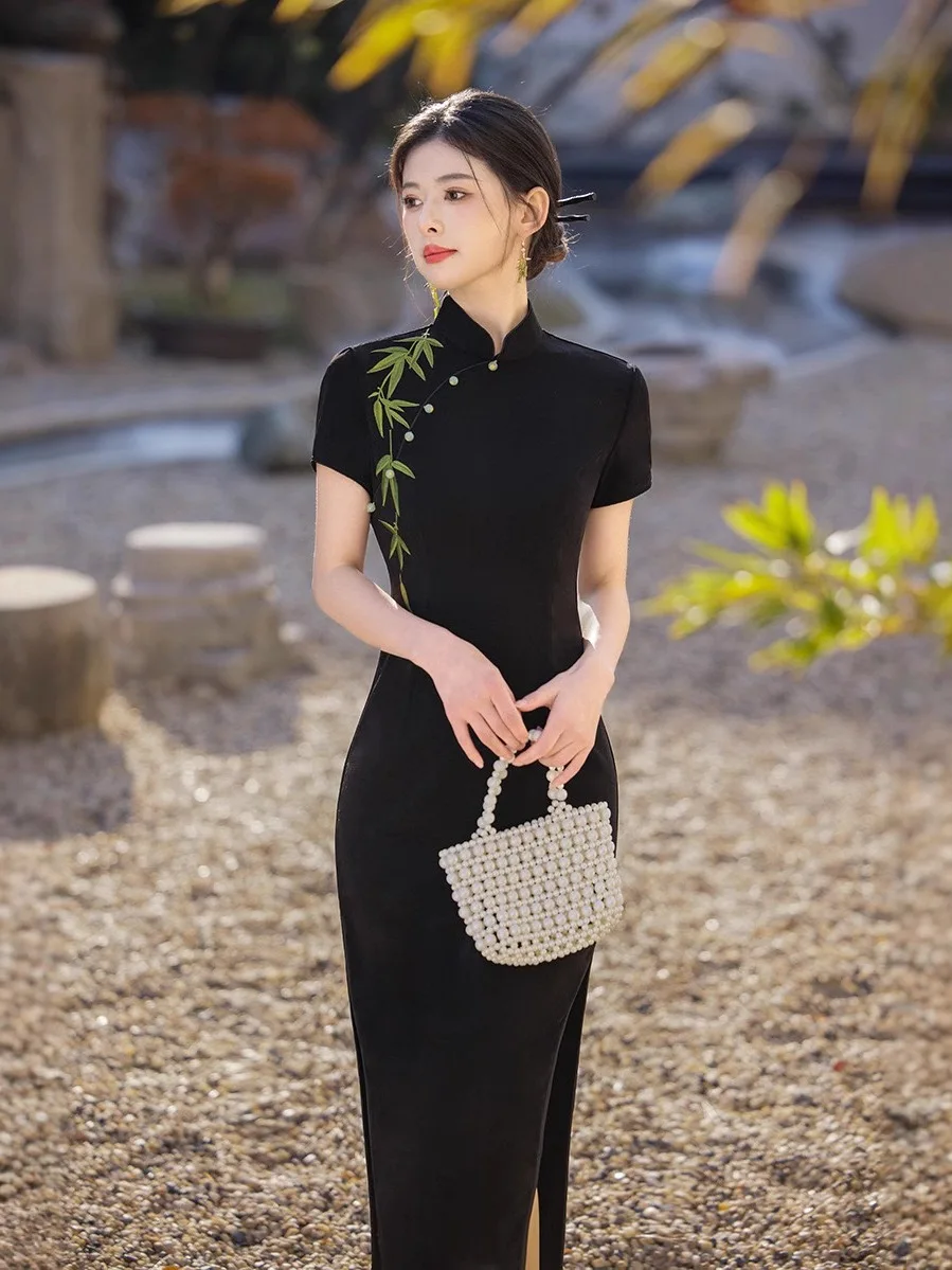 

Bla Embroidered Long Qipao Dr Slimming Daily Wear High-End Feel ort Sve Mid-Length Polyester Blend Breathable