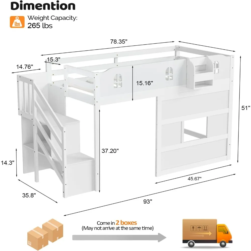 Low Loft Bed with Led Light, Loft Beds Twin Size with Castle Guardrail and Window, Smart APP Control, Twin Loft Bed for Kids