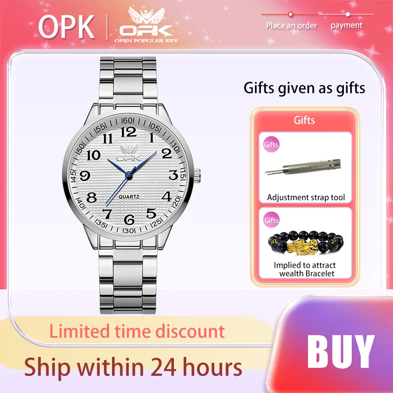 OPK Men Watches Original Waterproof Stainless Steel Strap Digital Scale Quartz Watch for Man Simplicity Business Textured Dial