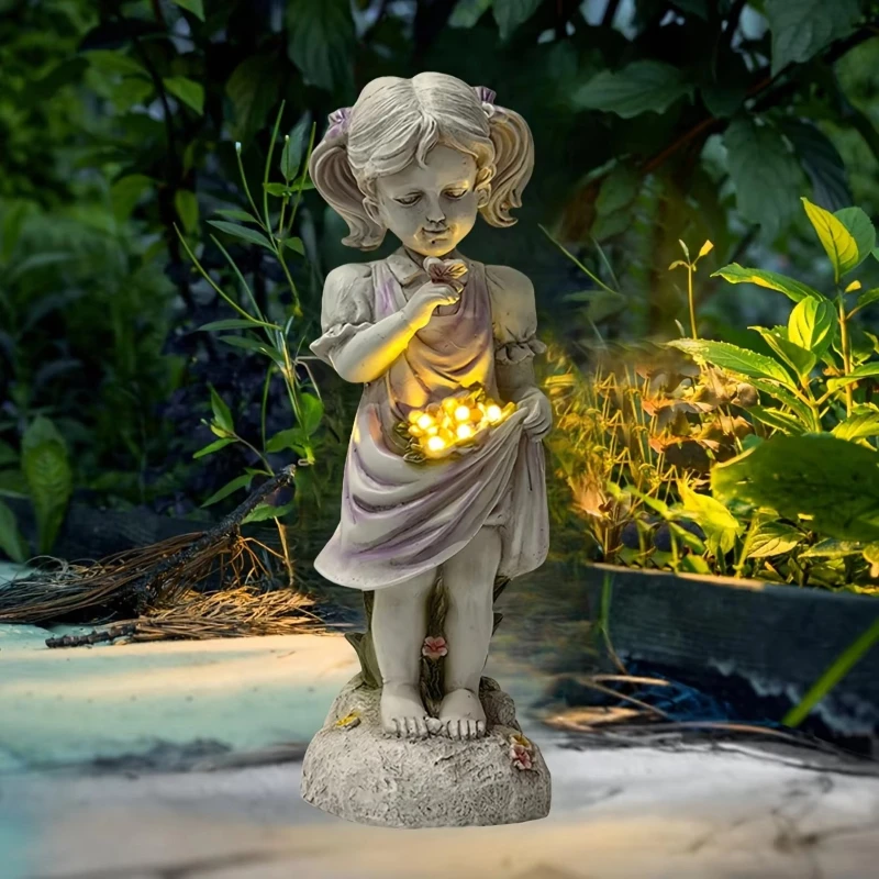 Outdoor garden solar statue light,solar girl garden statue outdoor decoration,resin girl butterfly flower statue decorative