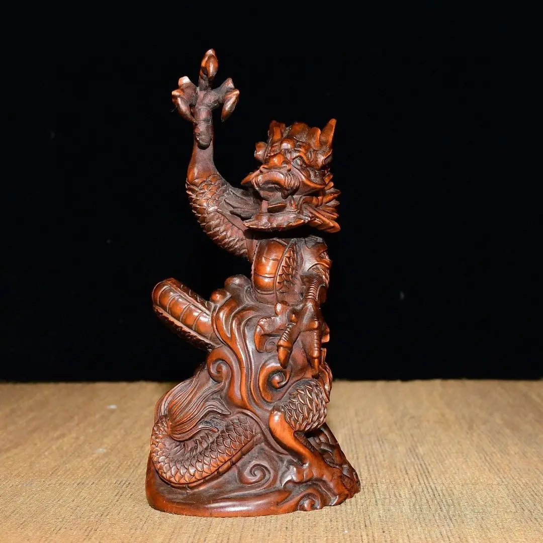 Hand Carved Wood auspicious clouds standing dragon Statue Figurine Desktop Ornaments Home Decoration