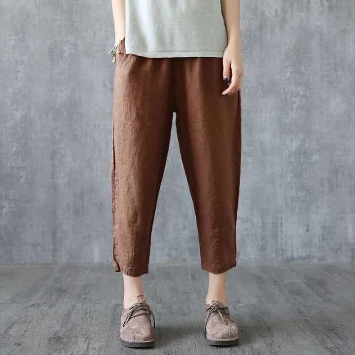 Cotton Linen Casual Pants Women's Loose Slim Straight Summer Thin Nine Points Harem Pants High Waist Elastic Waist Pocket