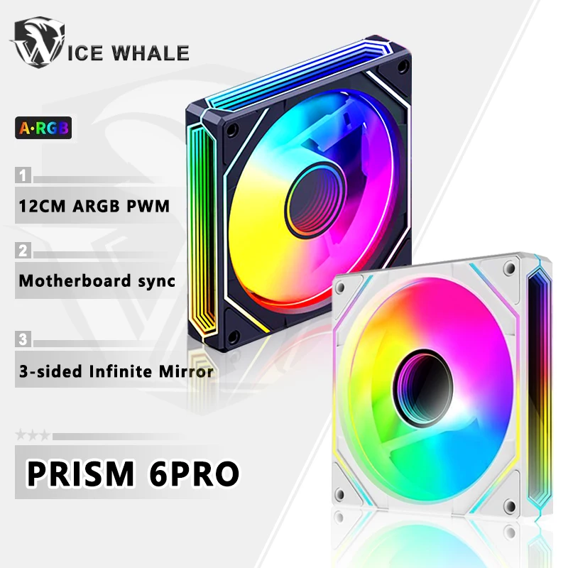 ICE Whale Prism 6PRO ARGB PC Case Fan 12cm 3-sided Infinite Mirror 5V 3PIN Motherboard Lighting Sync 4PIN PWM Silent Cooling Fan