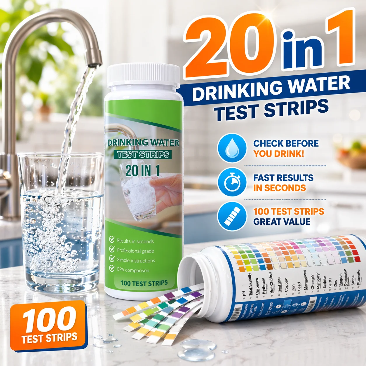 20 in 1 Drinking Water Test Strips 100pcs Water Quality Testing Strips Detect pH Hardness Heavy Metal Home Tap Well Water Test