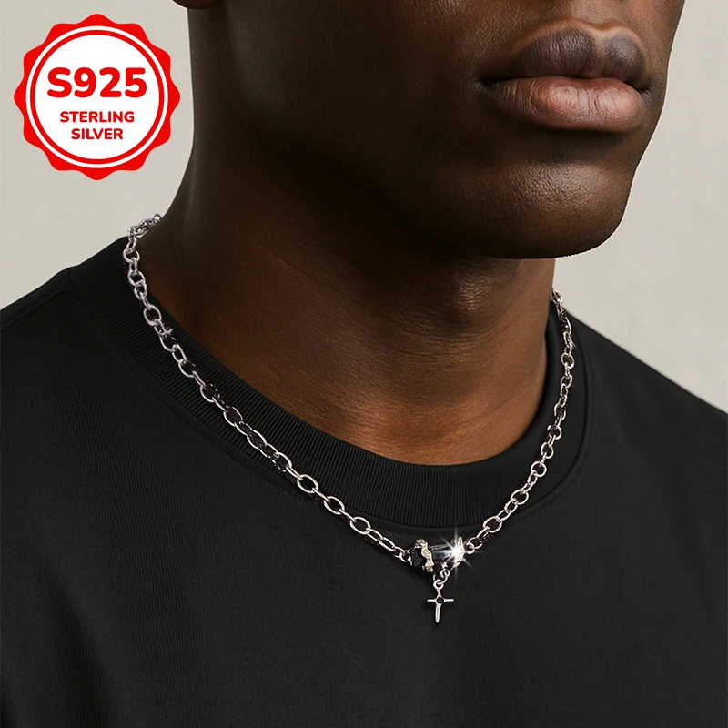 

Мужское ожерелье из стерлингового серебра 925 пробы в стиле хип-хоп с крестом и черными синтетическими цирконами, идеально подходит в качестве мужского ювелирного подарка.