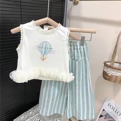 2pcs Girls Pants Sets Lace O-neck Sleeveless Ruched Hem Tops Shirt+Elastic Waist Contrast Striped Wide Leg Pants 2pcs Kids Suit