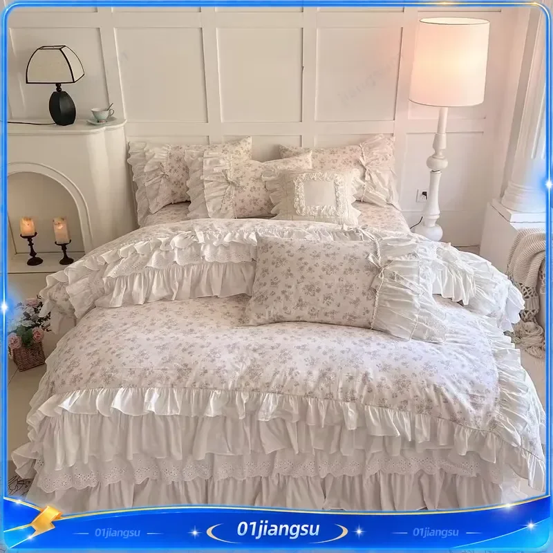 100% Cotton French Floral Bedding Set Ruffle Lace Bowknot Princess Style Duvet Cover Bedskirt Pillowcase Queen King Size Home