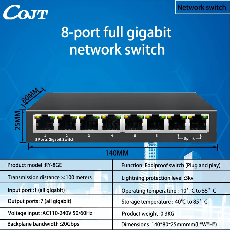 8-poorts Gigabit Switcht 100/1000 mbps Gigabit Switch Enterprise-grade Switch, monitoring netwerkkabelsplitter, metalen behuizing