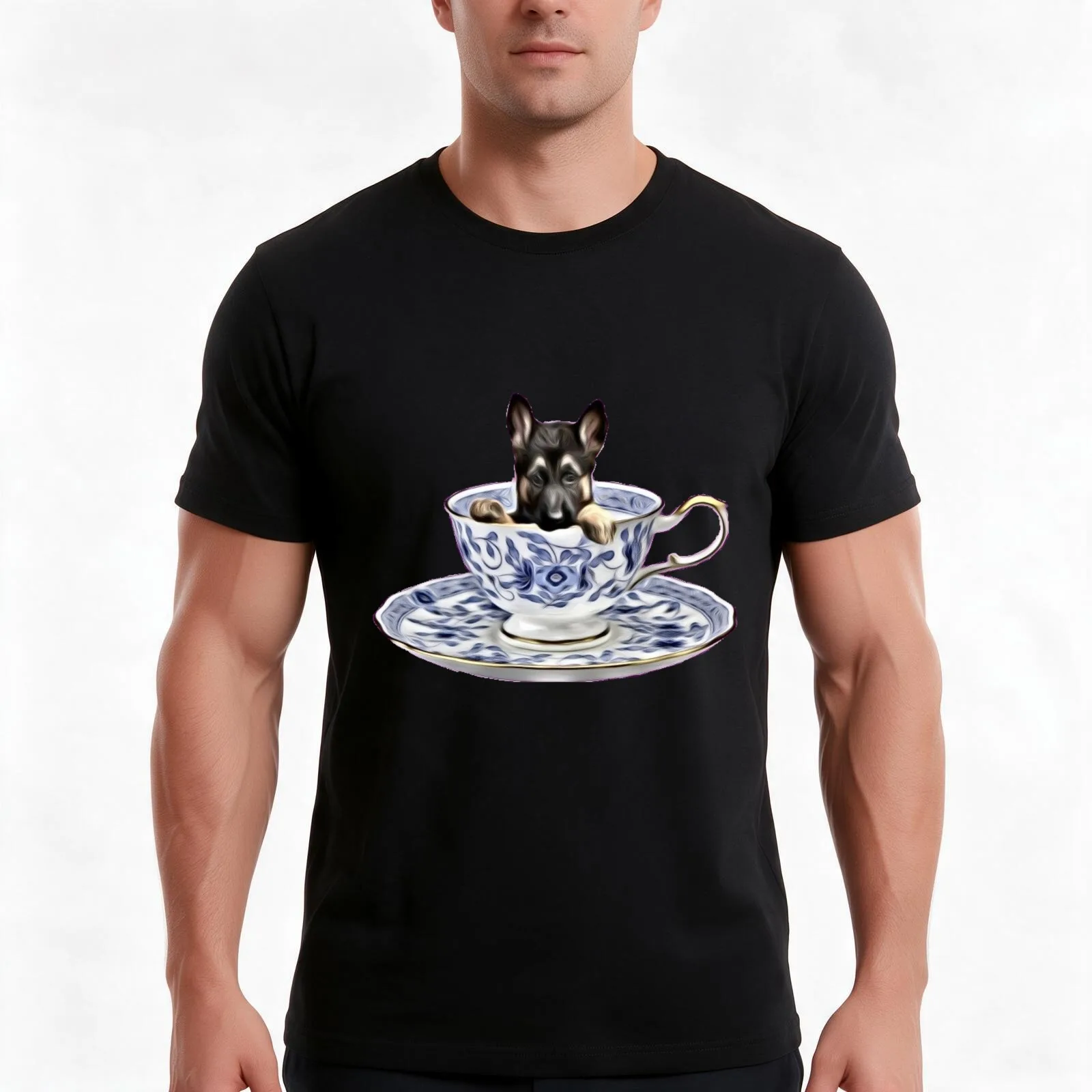 German Shepard In A Cup T-Shirt, Summer Casual Cotton Tee, Oversized Streetwear Tops, Vintage Graphic Print, Unisex Men Women