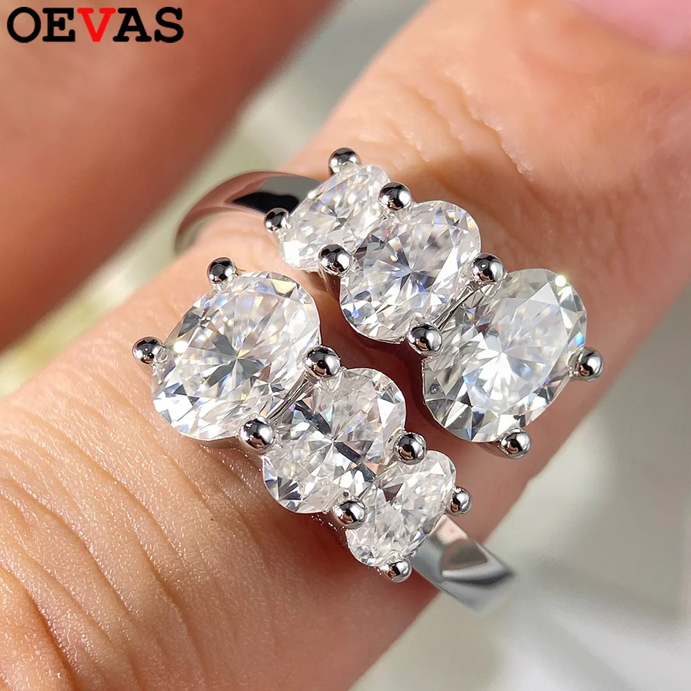 OEVAS Oval Cut Moissanite Double Row Rings for Women S925 Silver Plated 18K Gold Wedding Open rings Fine Jewelry Gift
