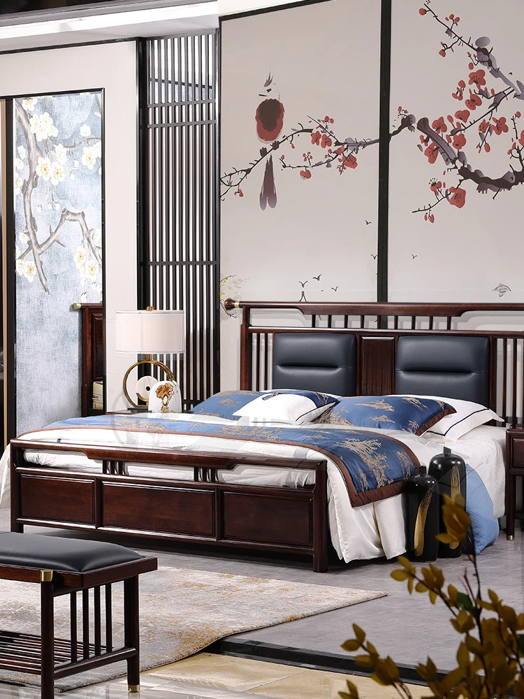 Ebony bed, solid wood carved adult double leather bed, master and guest bedroom furniture