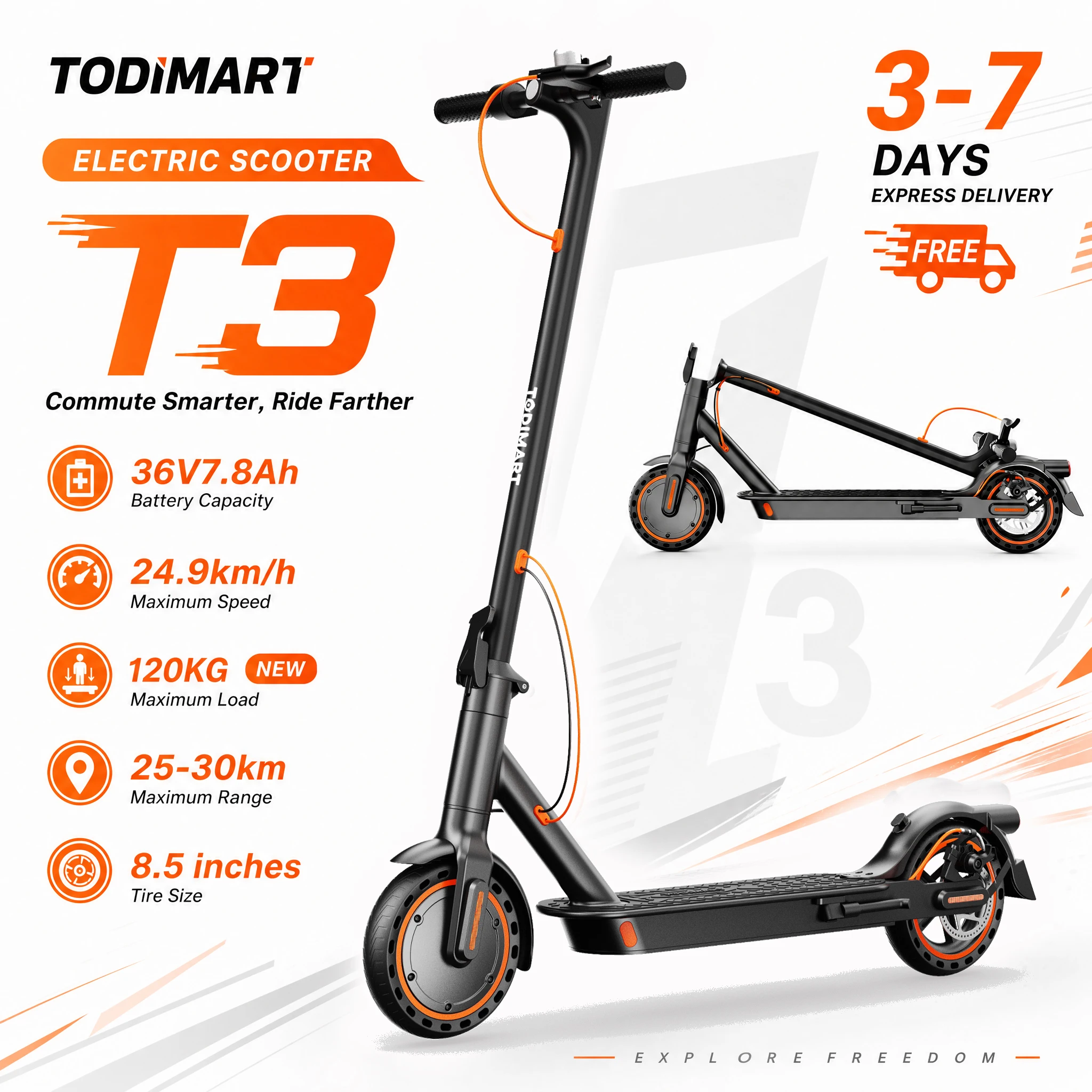Todimart T3 Elektroroller 8,5 Zoll 36V 7,8Ah 24,99 Km/h für Erwachsene 30 Km Reichweite Wabenreifen Faltbar mit App T3 E-Scooter für Erwachsene