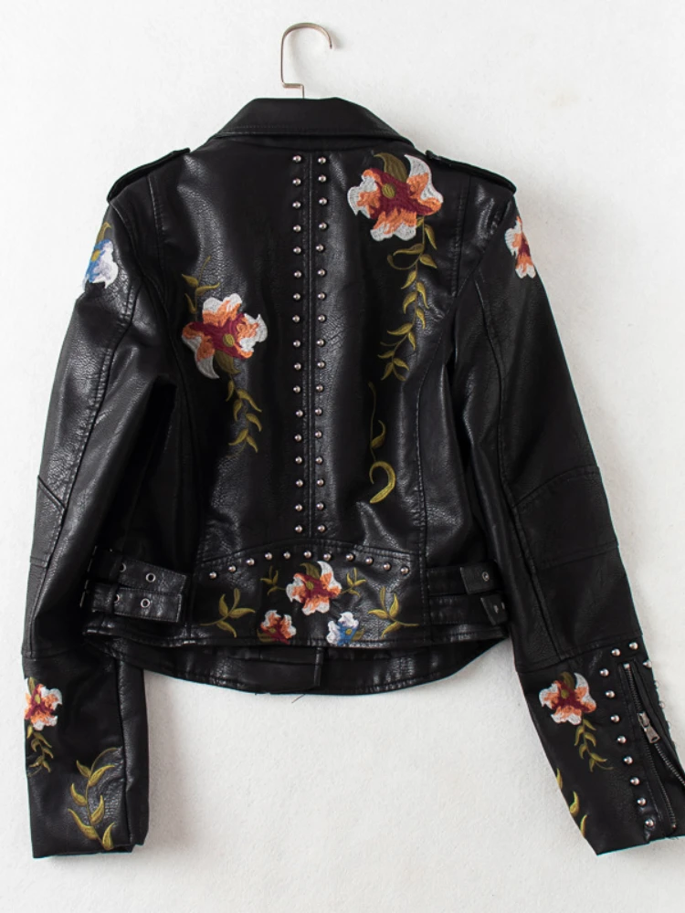 LY VAREY LIN New Spring Autumn Streetwear Rivet Pu Coat Women Fashion Print Embroidery Faux Leather Jacket Moto Biker Outwear