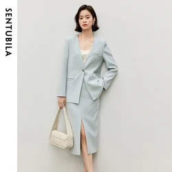 SENTUBILA Texture Twill Skirt Suits Women 2024 Fall Embroidery V Neck Coat Straight Slit-hem Skirt Office Lady Clothes 143Z56686