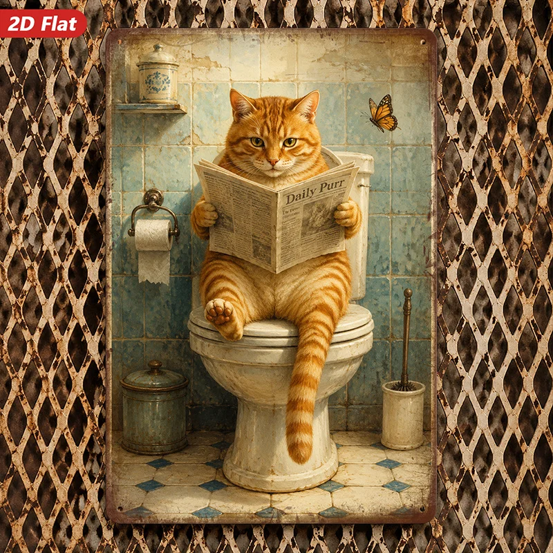 Fun Cat Bathroom Metal Sign Wall Art, Orange Tabby Cat, Reading A Newspaper on The Toilet, Daily Meow, Vintage Bathroom Tiles