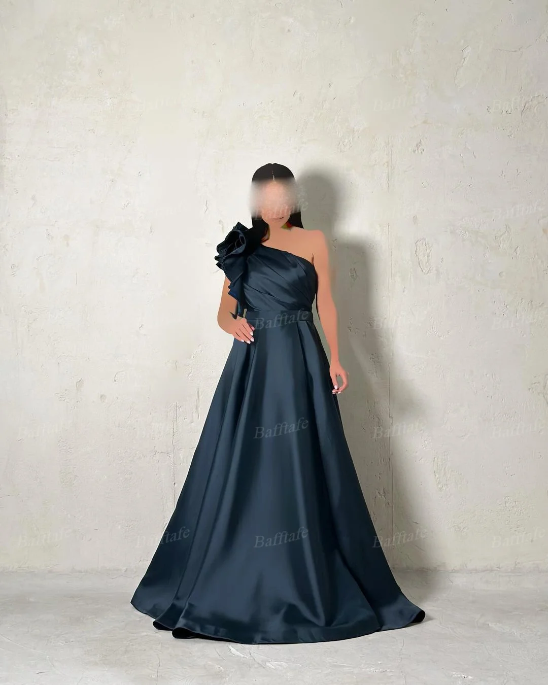 Bafftafe Dark Blue Long Prom Dresses Pleated One Shoulder Women Formal Evening Gowns Wedding Party Bridesmaid Dress Customized