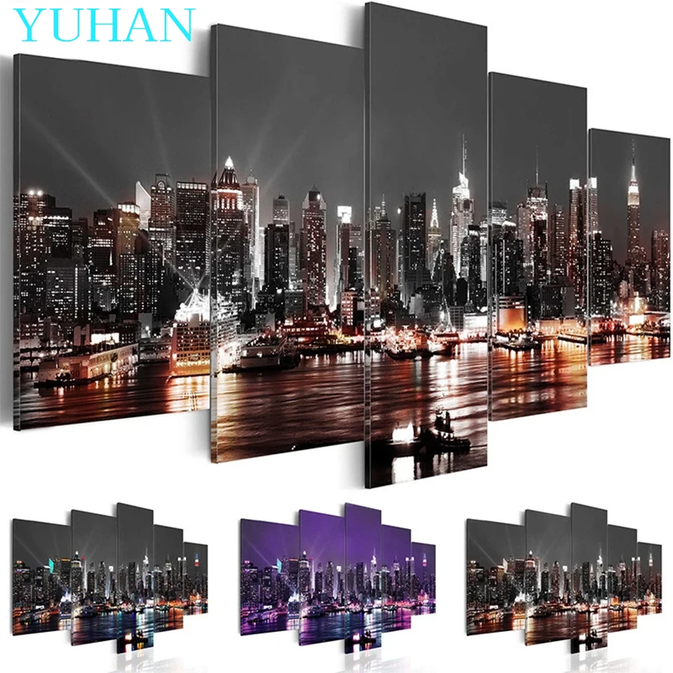 5 Pcs New York City Scenery 5D Diamond Embroidery City Night Full Rhinestones Mosaic Diamond Painting Cross Stitch Set Pictures