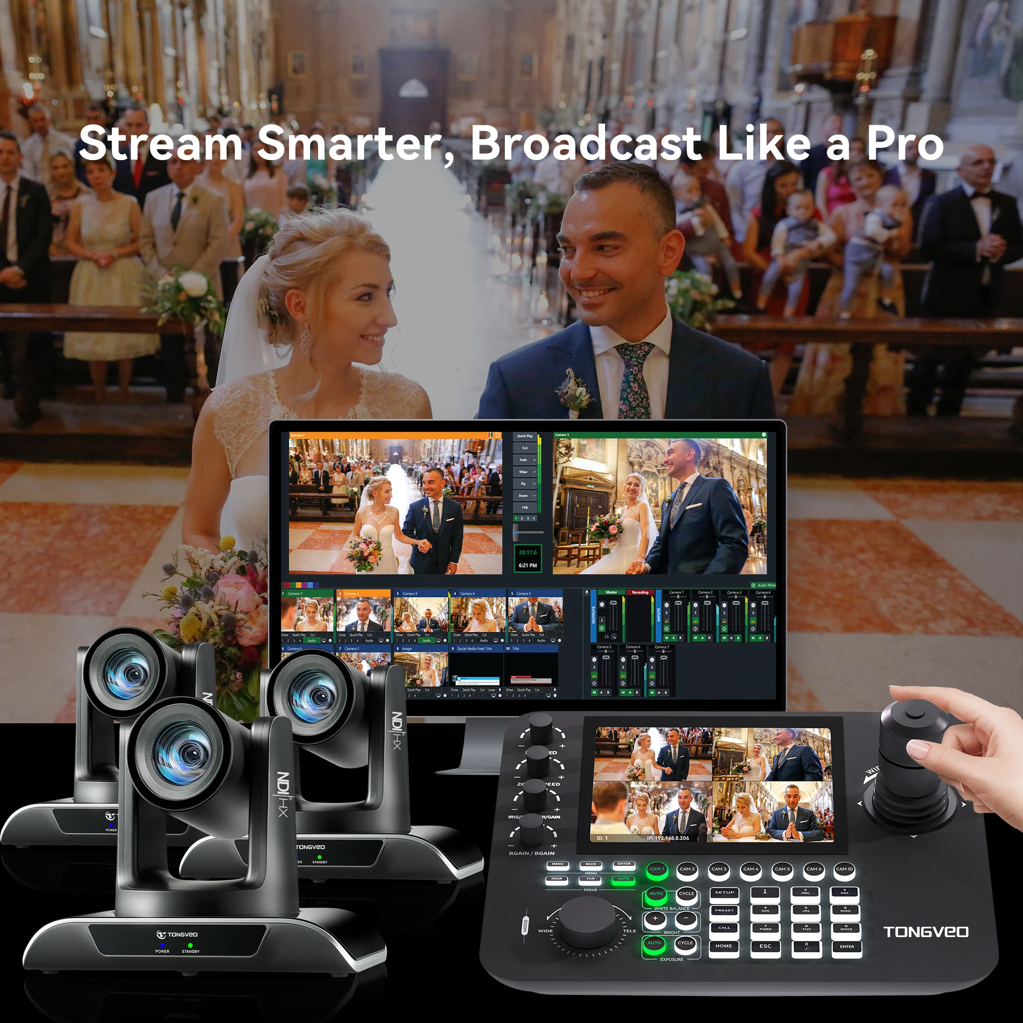 Auto Tracking 30X Optical Zoom NDI PTZ Live Streaming Camera Kit+Video Switcher+4-Split Screen Joystick Controller+POE Switch