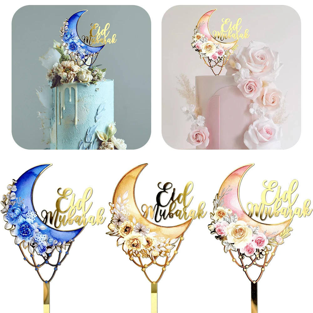 New Eid Mubarak Acrylic Cake Topper Moon Flowers Cake Side Topper Decoration for Islamic Muslim Ramadan Party Decoration