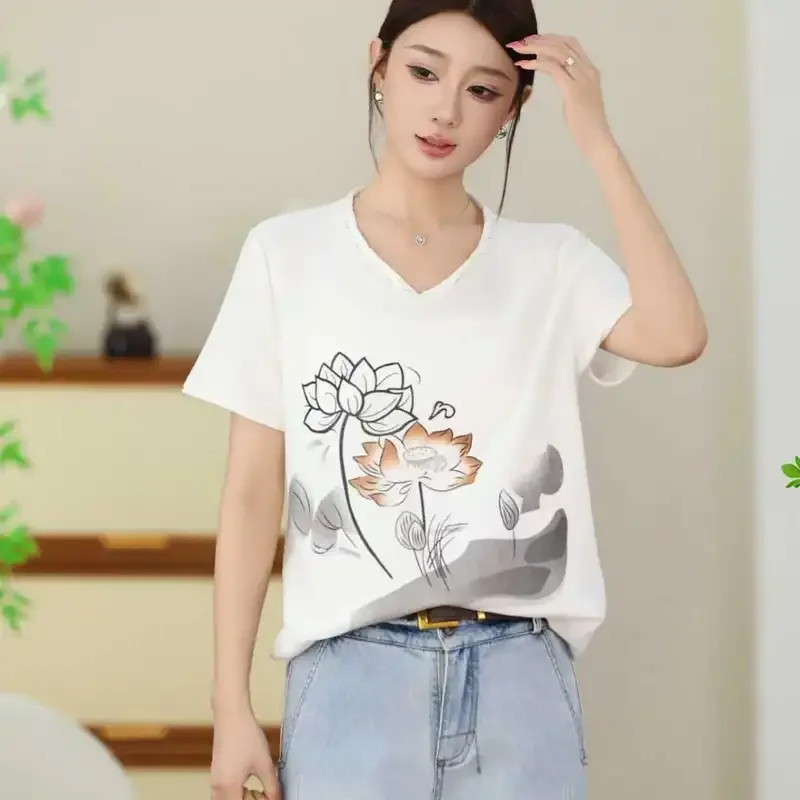 Vintage Women Summer Cotton Knit T Shirt Lotus Print Notch Collar Short Sleeve Casual Basic Tops S 4XL