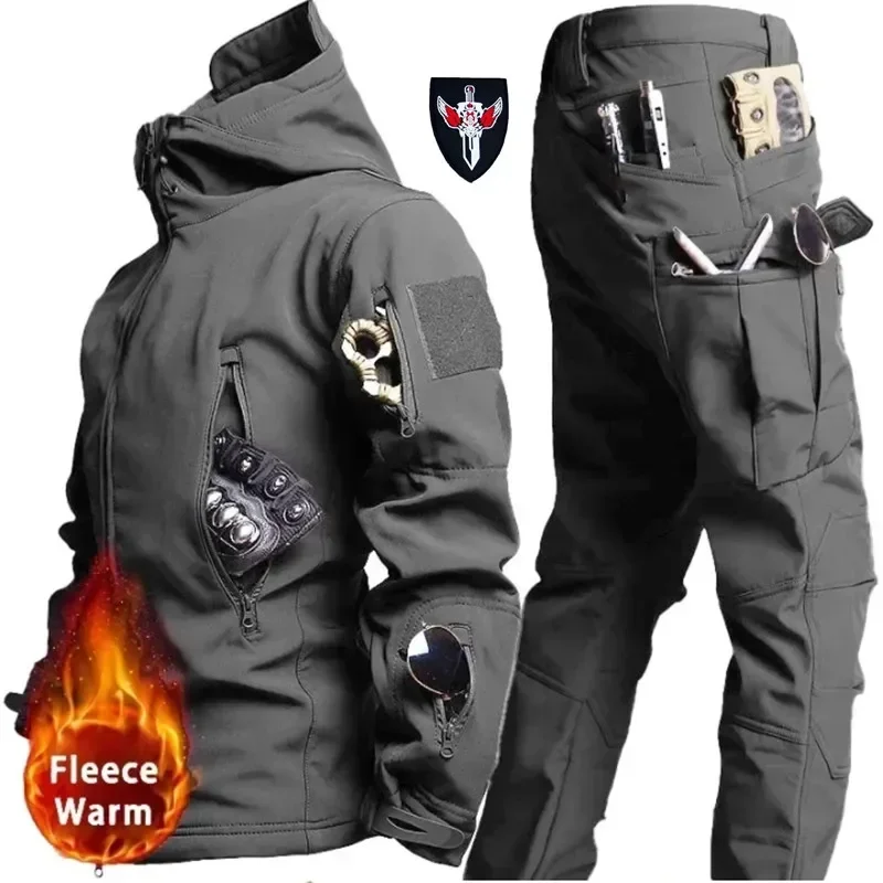 2024 Tactical Winter Set Men\'s Outdoor Windproof Waterproof Suit Multi-Pocket Soft Shell Hooded Jackets Hunting Work Pants Suit