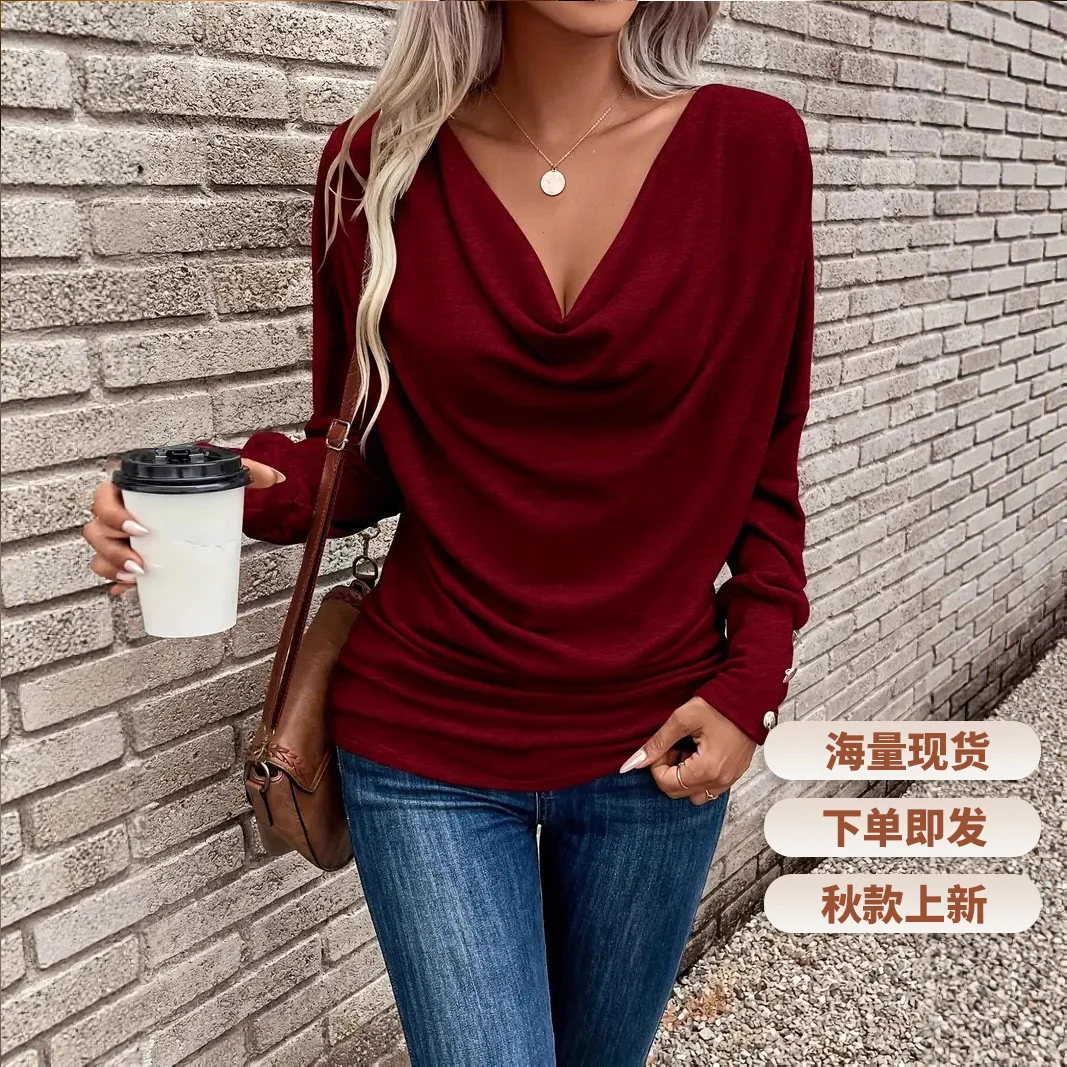 

2025 New Fashionable Pleated Shirts Women Autumn Casual Loose Solid Color V-Neck Office Long Sleeve Tops For Women