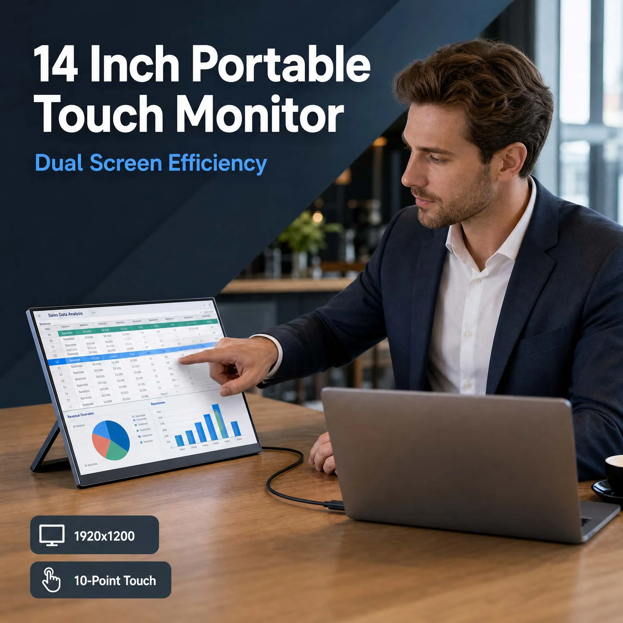 14 Inch Touchscreen Portable Monitor 1920X1200 100%sRGB 16:10 USB-C Travel Monitor for Laptop MacBook, 10-Point Touch Second Scr