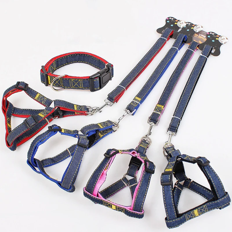 

Dog leash adjustable harness collar dog walking accessories denim nylon medium to large dog collar pet supplies