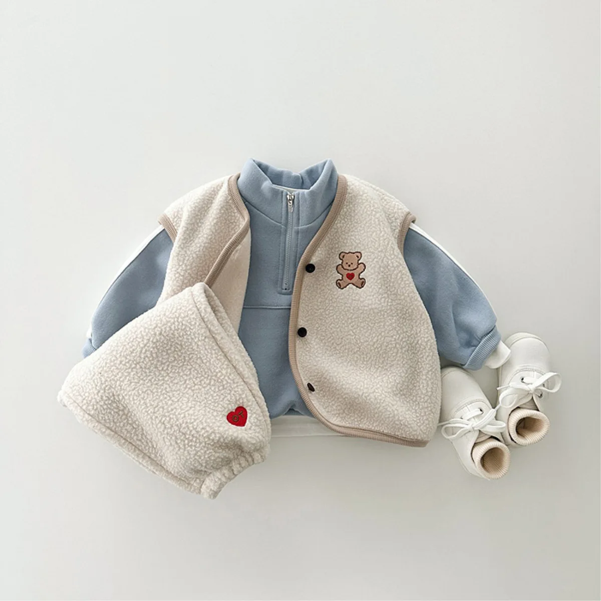 Autumn Winter Children Cartoon Bear Fleece Vest Set Girl Boy Infant Cardigan Sleeveless Tops+Love Pants 2pcs Kid Waistcoat Suit