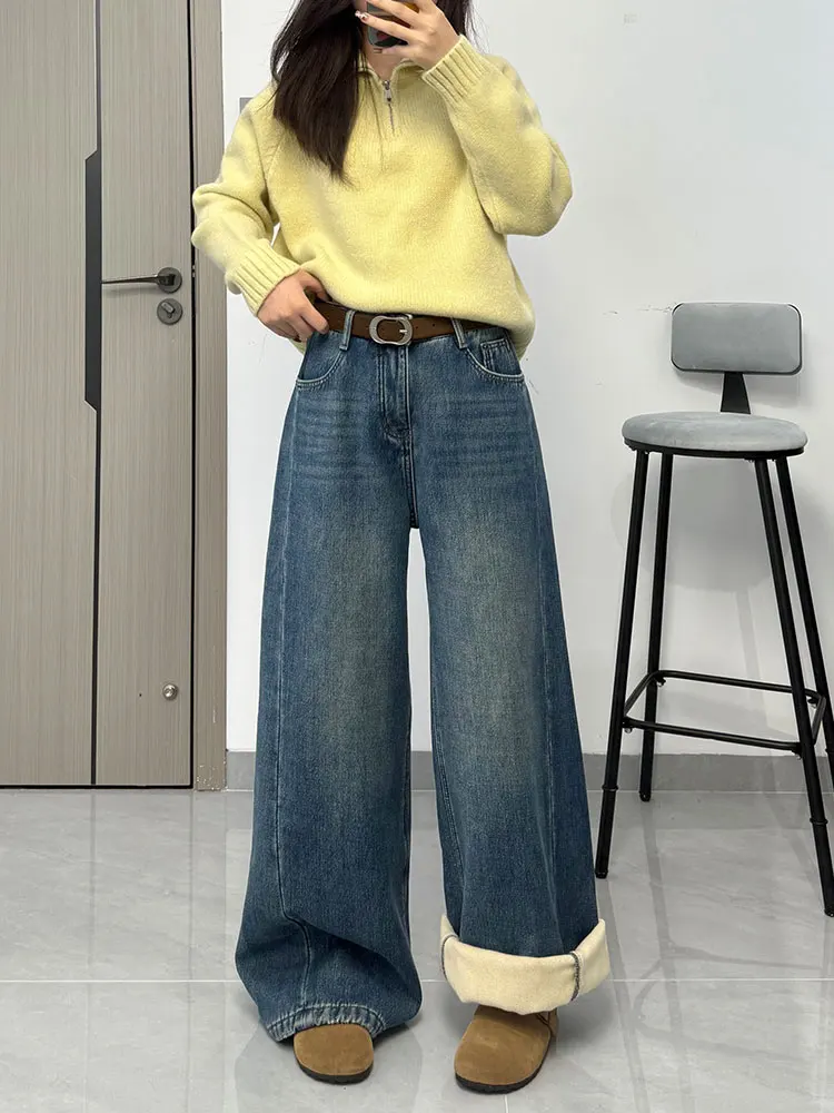 

Темно-синие джинсы с изогнутыми ножками в стиле ретро, женские зимние бархатные свободные повседневные прямые широкие длинные брюки