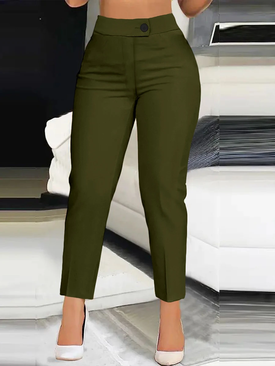 2026 Women Elegant Autumn High Waist Slim Straight Casual Trousers Polyester Solid Color Fashion Office Lady Cropped Pants