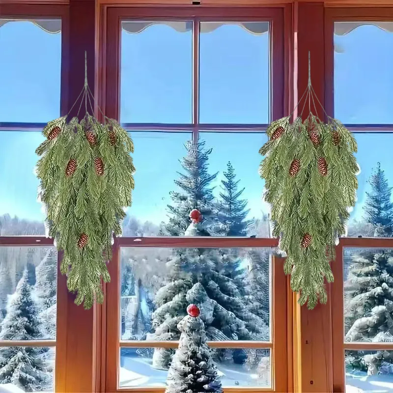 

Artificial Pine Needle Swag with Pine Cones Set of 2 for Christmas Door Window Wall and Fireplace Mantel Decoration