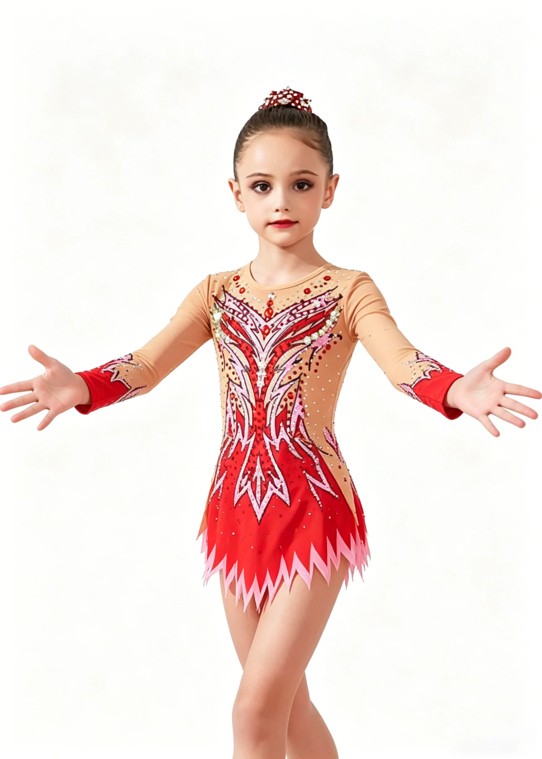 

Girls Sparkling Red Gymnastics Leotard with Rhinestone Embellishments Long Sleeve for Gymnastic Ballet Stage Performance Costume