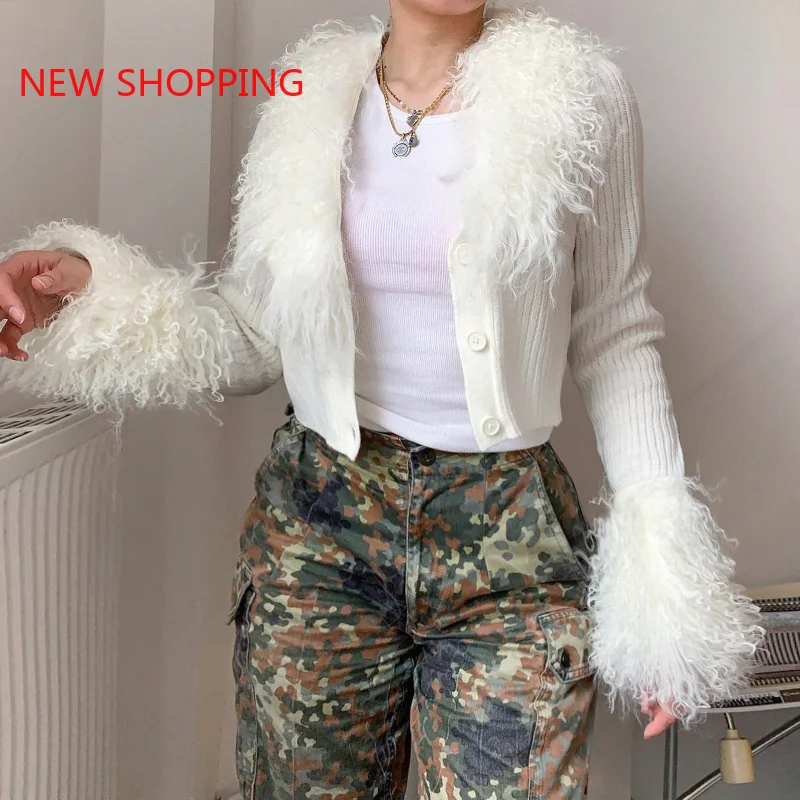 Winter Fall 2023 Fur Collar and Cuffs Cropped Cardigan Sweaters Women Fairy Elegant Fashion Single Breasted Y2K Fairycore Jacket