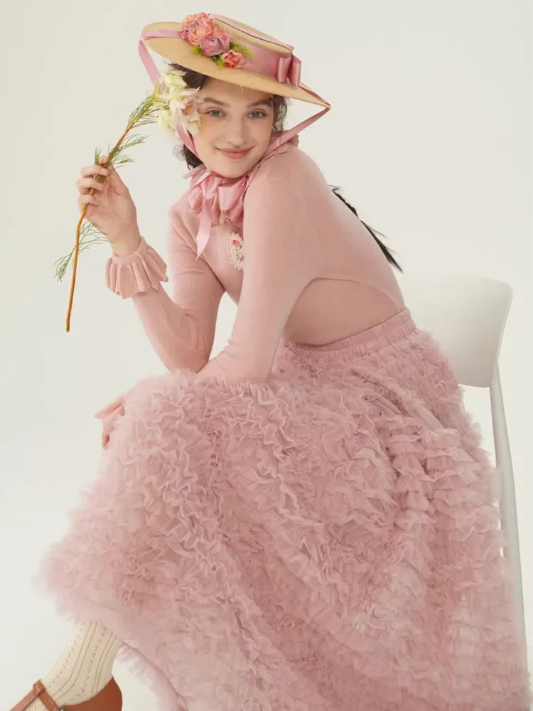 62-104cmWaist SpringFall Maxi Skirt Women KoreanFashion BigSwing Pink White Black Mesh Long Skirt All-Match Cake Skirt Ball Gown