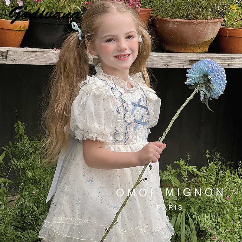 

Baby Girls High End Luxury French Fashion Light Lolita Floral Print Princess Dress Kids Summer New Mesh Puff Sleeve Lace Dress