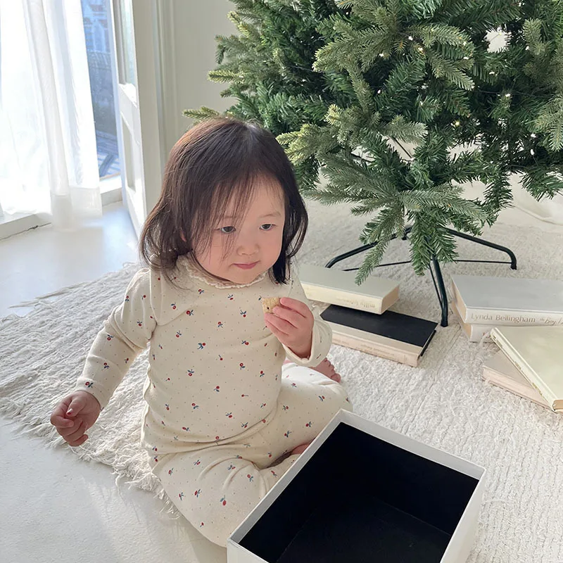 Spring Autumn Newborn Flower Print Homewear Pajamas Suit Boy Girl Baby Cotton Lace Long Sleeve Tops + Pants 2 Pcs Pyjamas Set