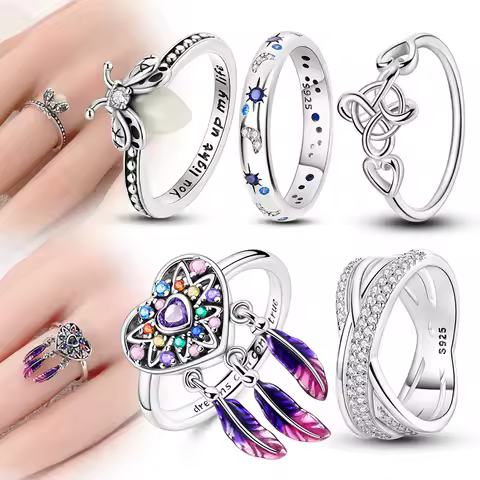 Hot 925 Sterling Silver Ring Glowing Firefly Starry Night Heart Dreamcatcher Wedding Finger Ring Size 6 7 8 9 For Women Jewelry