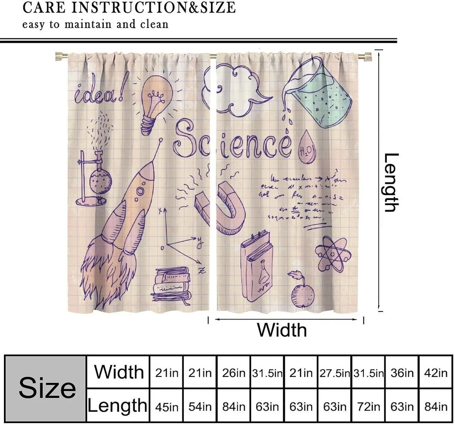 Educational Science Doodle Curtain Pair Window Room Decor Chemistry Physics Student Learning Classroom Academic Gift Banner