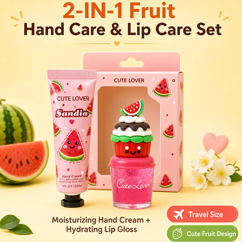 Portable Hand Cream Lip Gloss Set Cute Cartoon Print Fruit Fragrance Moisturize Dry Hands Relieve Lip Peeling Sweet Gift Set